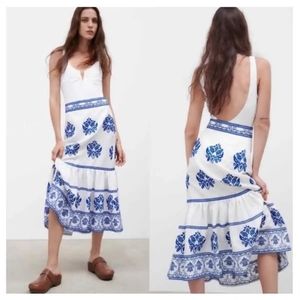 Zara Linen Embroidered Midi Skirt